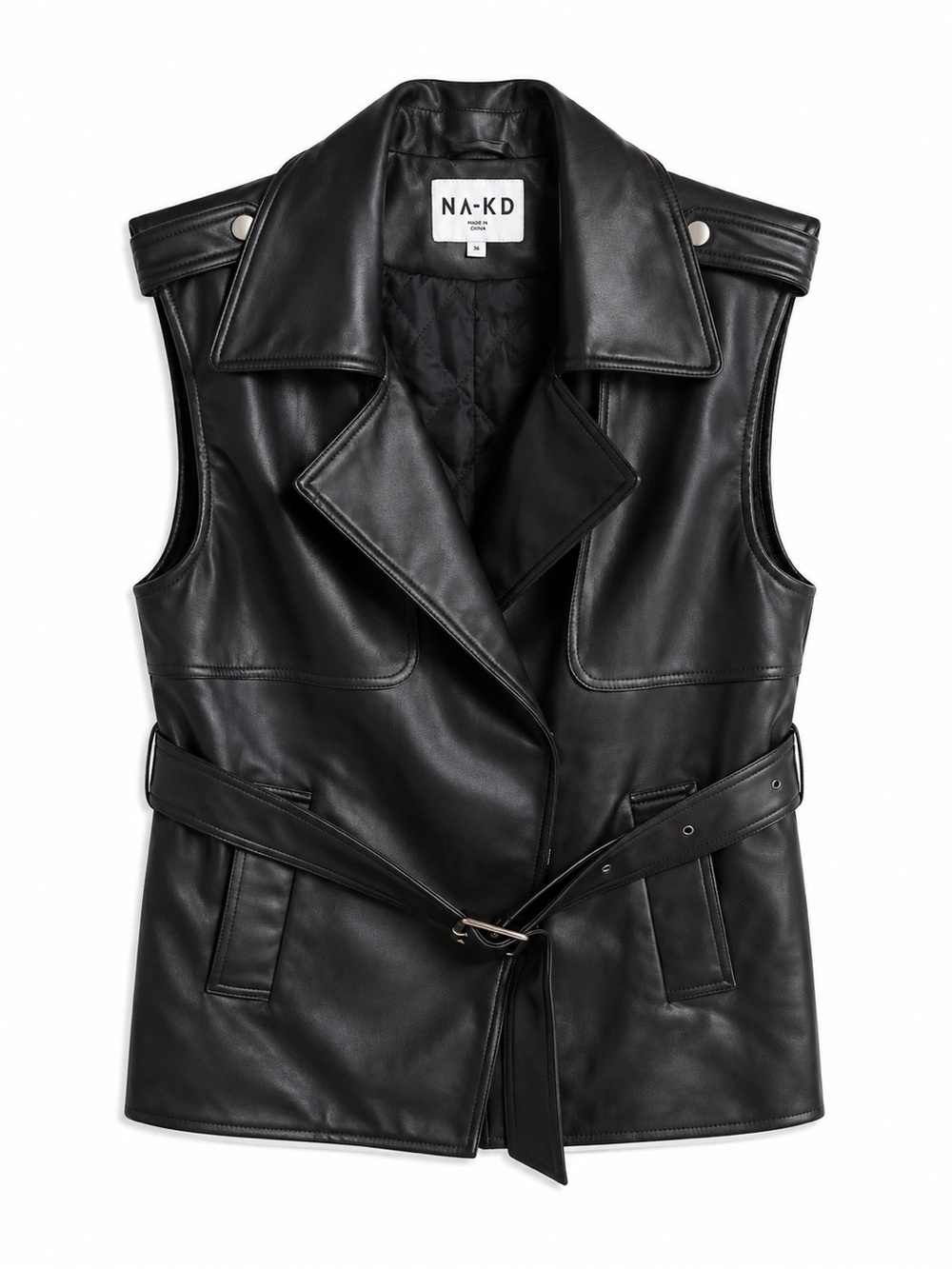 NA-KD Black Padded Faux Leather Belted Trench Vest Size S (FR/EU 36)